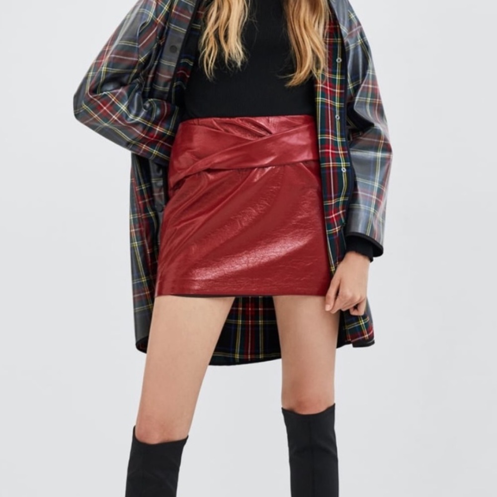 Zara TRF Collection Red Faux Patent Leather Mini Skirt
